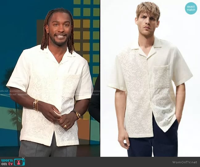 Zara Crochet Patchwork Shirt in Ecru worn by Scott Evans on Access Hollywood