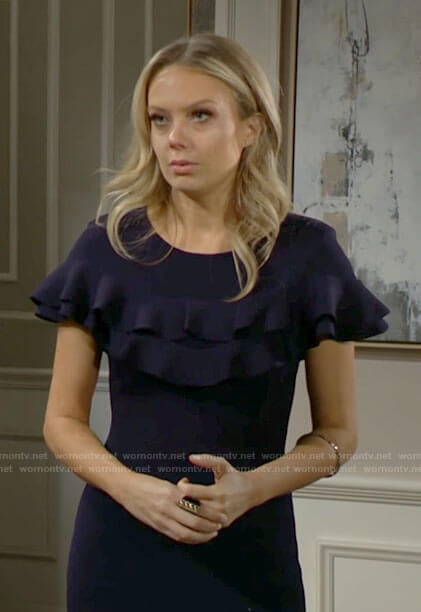 Abby's navy ruffled dress on The Young and the Restless