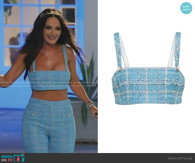 Alessandra Rich Embellished Checked Tweed Crop Top worn by Lisa Barlow on The Real Housewives of Salt Lake City