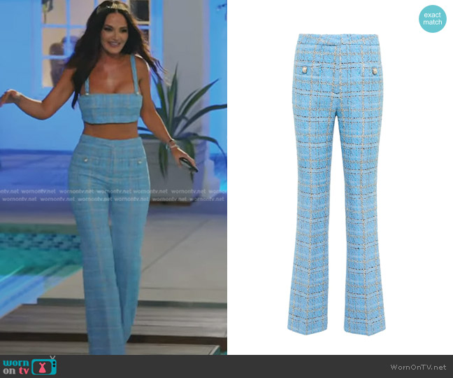 Alessandra Rich High-Rise Tweed Flared Pants worn by Lisa Barlow on The Real Housewives of Salt Lake City