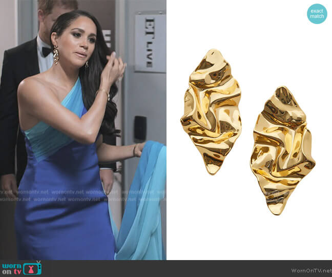 Alexis Bittar Crumpled Metal 14K Gold-Plated Post Earrings worn by Meghan Markle on Harry and Meghan