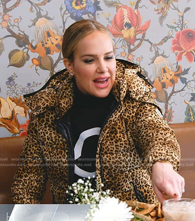 Angie's black logo sweatshirt and leopard puffer jacket on The Real Housewives of Salt Lake City