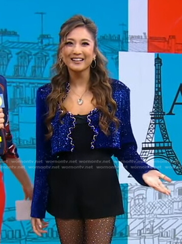 Ashley Park’s blue embellished cropped jacket on Good Morning America
