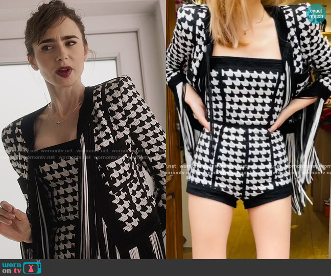 Balmain Fringe Jacket and Corset worn by Emily Cooper (Lily Collins) on Emily in Paris