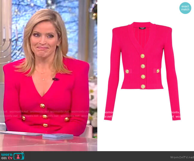 Balmain Ribbed padded shoulder cardigan worn by Sara Haines on The View