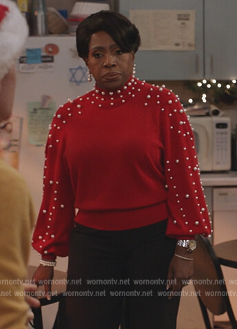 Babara's red pearl embellished sweater on Abbott Elementary