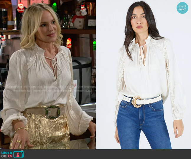 Bcbgmaxazria Ruffle Satin Neck-Tie Top in Gardenia worn by Sharon Newman (Sharon Case) on The Young and the Restless
