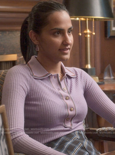 Bela's purple polo top and plaid skirt on The Sex Lives of College Girls