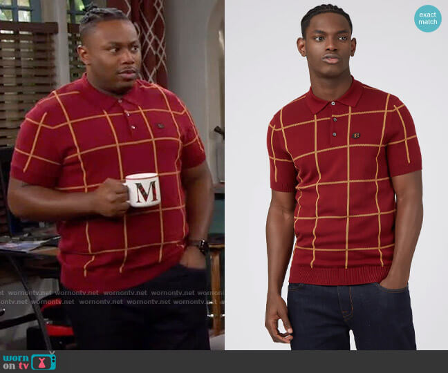 B by Ben Sherman Jacquard Check Knit Polo in Claret worn by Marty (Marcel Spears) on The Neighborhood