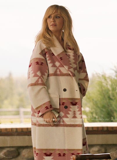 Beth's pink printed coat on Yellowstone