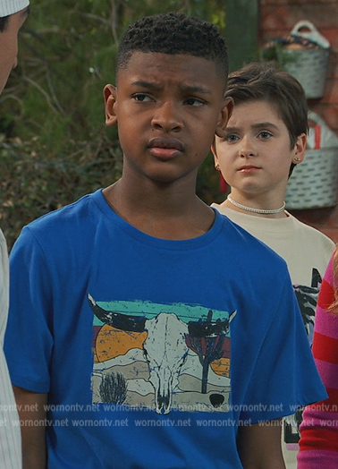 Jake's blue graphic print tee on Bunkd