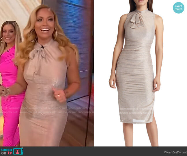 Shaw Metallic Ruched Body-Con Cocktail Dress by Black Halo worn by Gizelle Bryant on Sherri