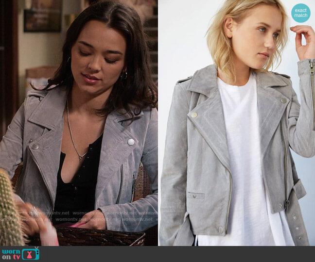 Alicia’s light grey suede moto jacket on The Sex Lives of College Girls