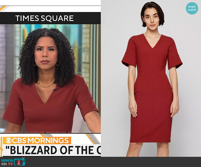 BOSS Slim-fit business dress with V neckline in Dark Red worn by Adriana Diaz on CBS Mornings