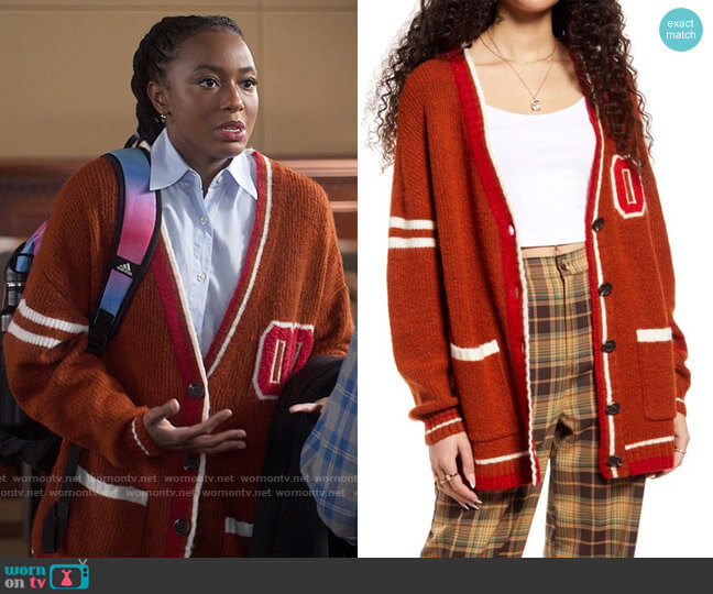 BP Varsity Cardigan in Rust Ivory Prep worn by Whitney Chase (Alyah Chanelle Scott) on The Sex Lives of College Girls