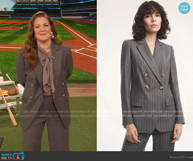 Brooks Brothers Wool Blend Double-Breasted Pinstripe Jacket worn by Drew Barrymore on The Drew Barrymore Show