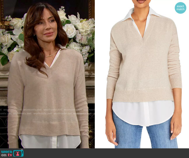 C by Bloomingdales Layered Look Cashmere Sweater in Heather Oatmeal worn by Taylor Hayes (Krista Allen) on The Bold and the Beautiful