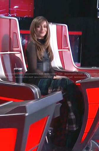 Camilla's black leather vest and plaid pants on The Voice