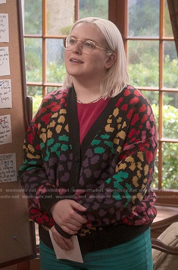 Carla's rainbow leopard print cardigan on The Sex Lives of College Girls