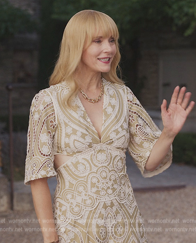 Catherine’s crochet lace cutout dress on Emily in Paris