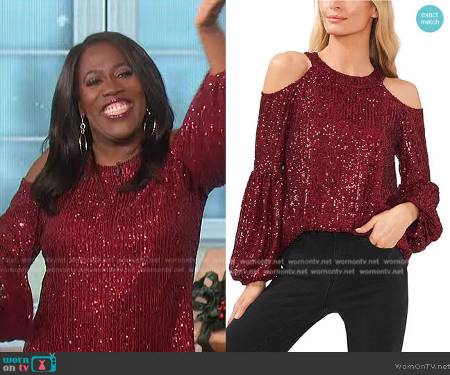 Cece Long Sleeve Cold Shoulder Round Neck Sequin Blouse worn by Sheryl Underwood on The Talk