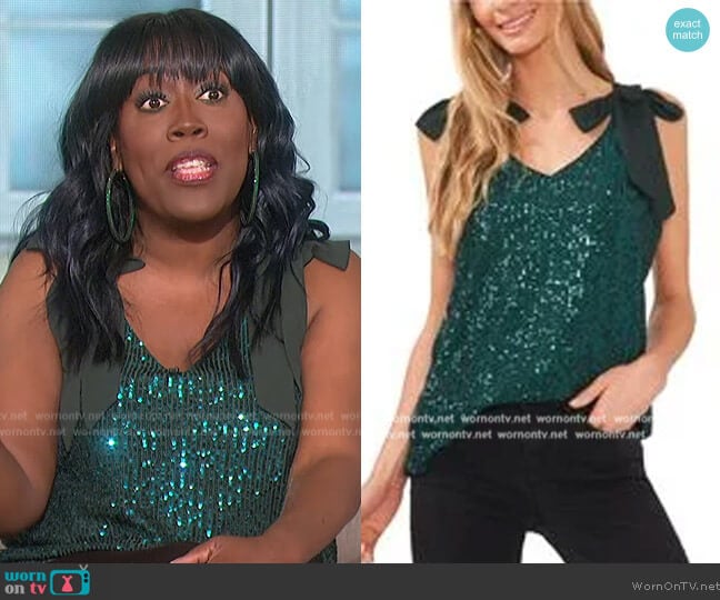 Cece Sequined Bow-Strap V-Neck Tank worn by Sheryl Underwood on The Talk