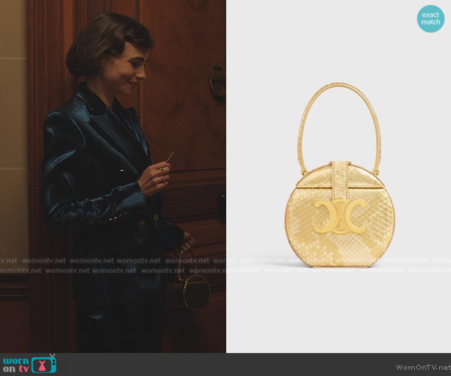 Celine Round Box Triomphe in phython gold worn by Emily Cooper (Lily Collins) on Emily in Paris