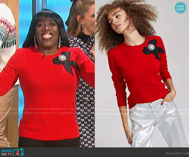 Charter Club Cashmere Embellished Bow Sweater worn by Sheryl Underwood on The Talk
