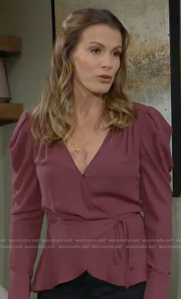 Chelsea’s pink wrap blouse on The Young and the Restless