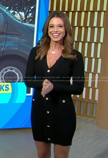 Cheryl Scott’s black mini dress with gold buttons on Good Morning America