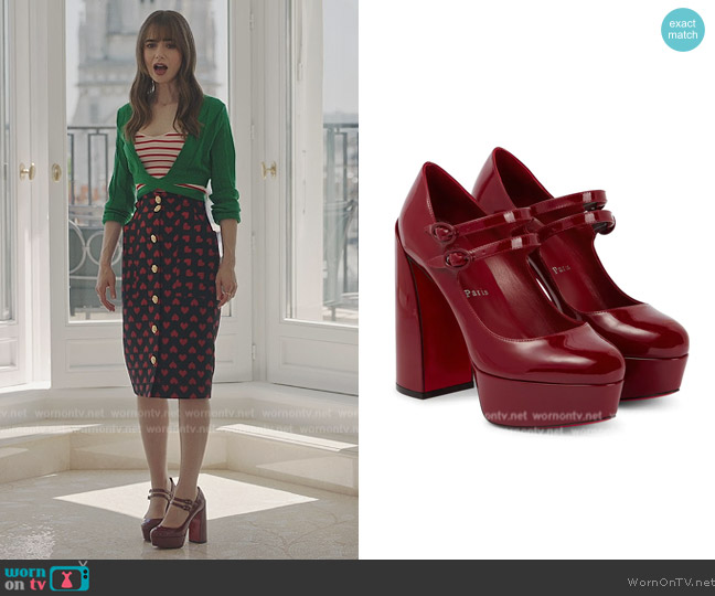 Movida Jane 130 patent leather pumps by Christian Louboutin worn by Emily Cooper (Lily Collins) on Emily in Paris