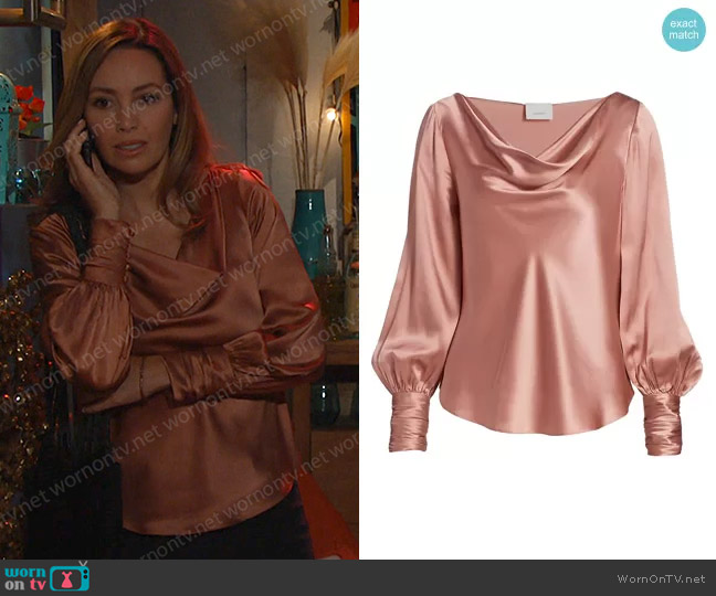 Cinq a Sept Taylee Cowlneck Silk Blouse worn by Gwen Rizczech (Emily O'Brien) on Days of our Lives