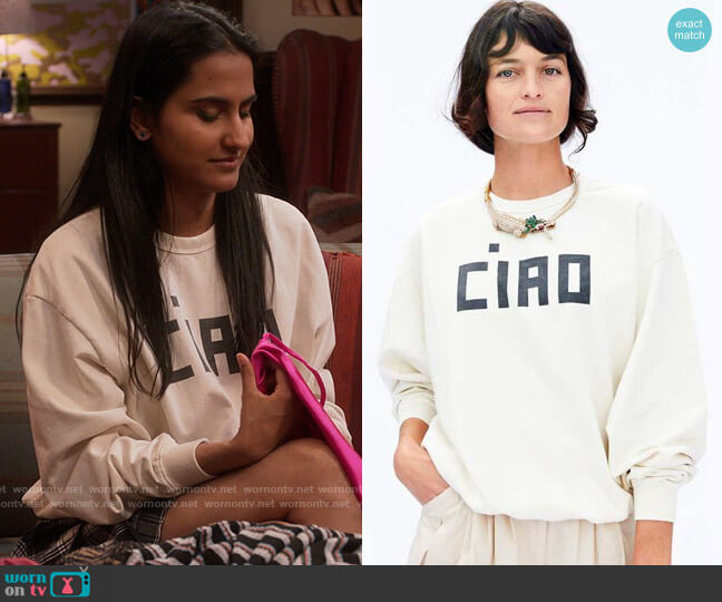 Clare V Ciao Oversized Sweatshirt worn by Bela Malhotra (Amrit Kaur) on The Sex Lives of College Girls