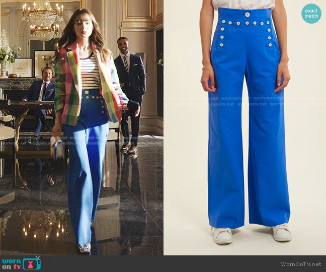 Ines de la Fressange Christobal Trousers in cobalt blue worn by Emily Cooper (Lily Collins) on Emily in Paris