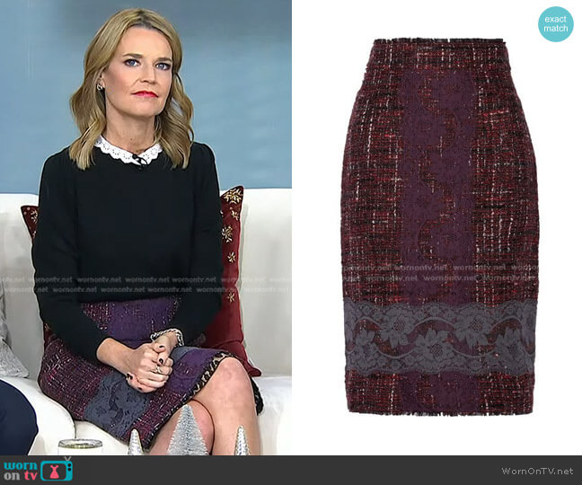 Dolce & Gabbana Lace-Paneled Bouclé-Tweed Skirt worn by Savannah Guthrie on Today