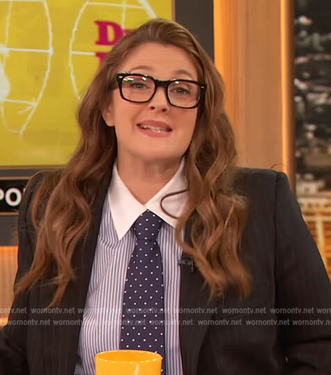 Drew’s black pinstripe blazer and blouse on The Drew Barrymore Show