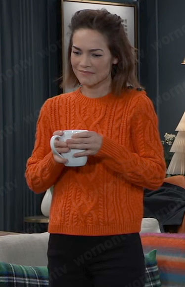 Elizabeth’s orange cable-knit sweater on General Hospital