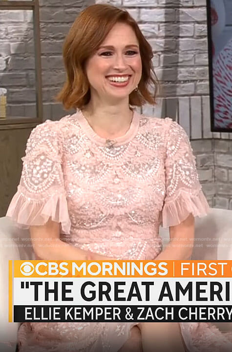 Ellie Kemper’s pink embellished dress on CBS Mornings