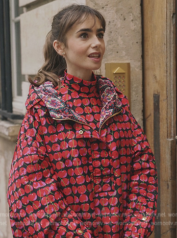 Emily's cherry print jacket and top on Emily in Paris