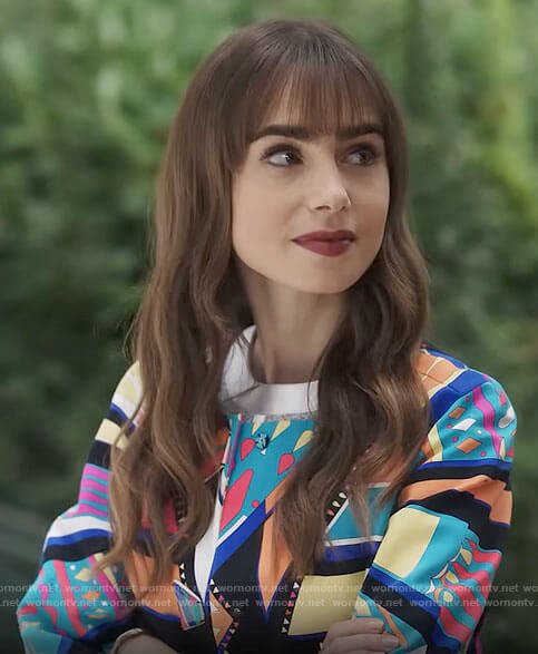 Emily's colorful print jacket and tweed crop top on Emily in Paris Season 3