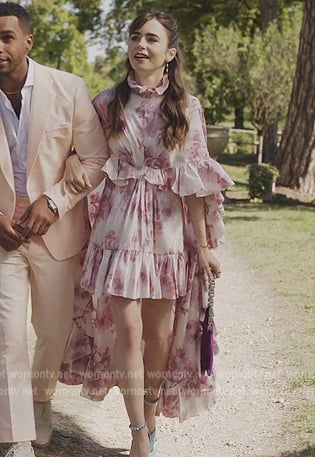 Emily’s pink floral print ruffle dress on Emily in Paris