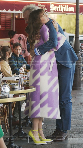 Emily’s purple houndstooth coat and yellow pumps on Emily in Paris