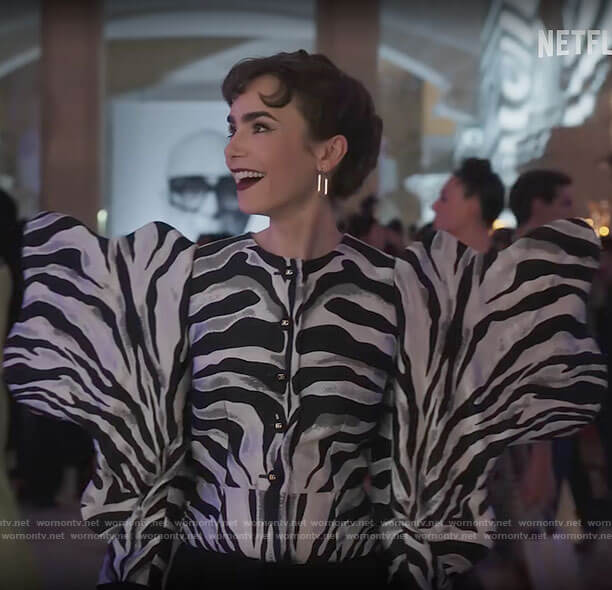 Emily’s zebra print jacket with puffy sleeves on Emily in Paris