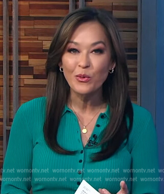 Eva’s teal button down polo sweater on Good Morning America