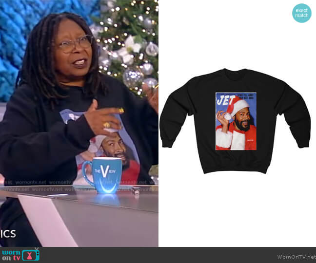 For The People Boutique at Etsy Marvin Gaye Black Santa Claus Sweatshirt worn by Whoopi Goldberg on The View