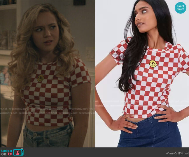 Forever 21 Checkered Happy Face Graphic Tee worn by Courtney Whitemore (Brec Bassinger) on Stargirl