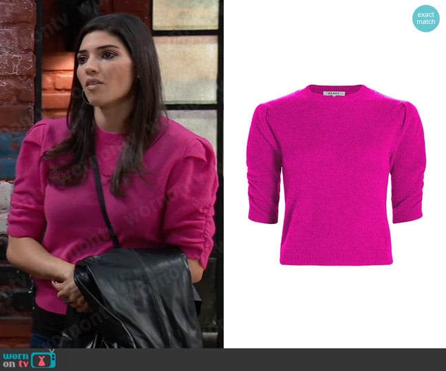 Frame Ruched Sleeve Cashmere-Wool Sweater in Magenta worn by Brook Lynn Quartermaine (Amanda Setton) on General Hospital