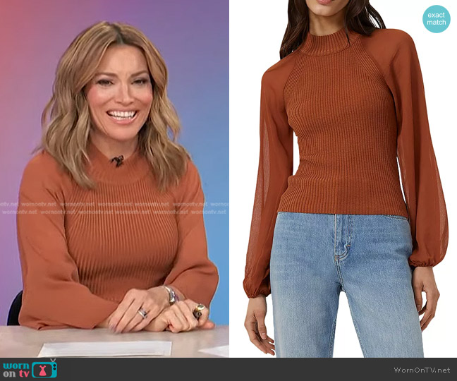 French Connection Melody Mixed Media Mock Neck Sweater worn by Kit Hoover on Access Hollywood