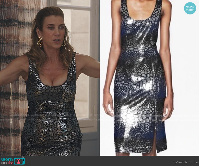 French Connection Metallic Crocodile Dress worn by Madeline Wheeler (Kate Walsh) on Emily in Paris