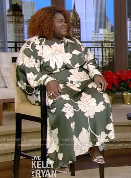 Gabourey Sidibe’s green floral print maxi dress on Live with Kelly and Ryan